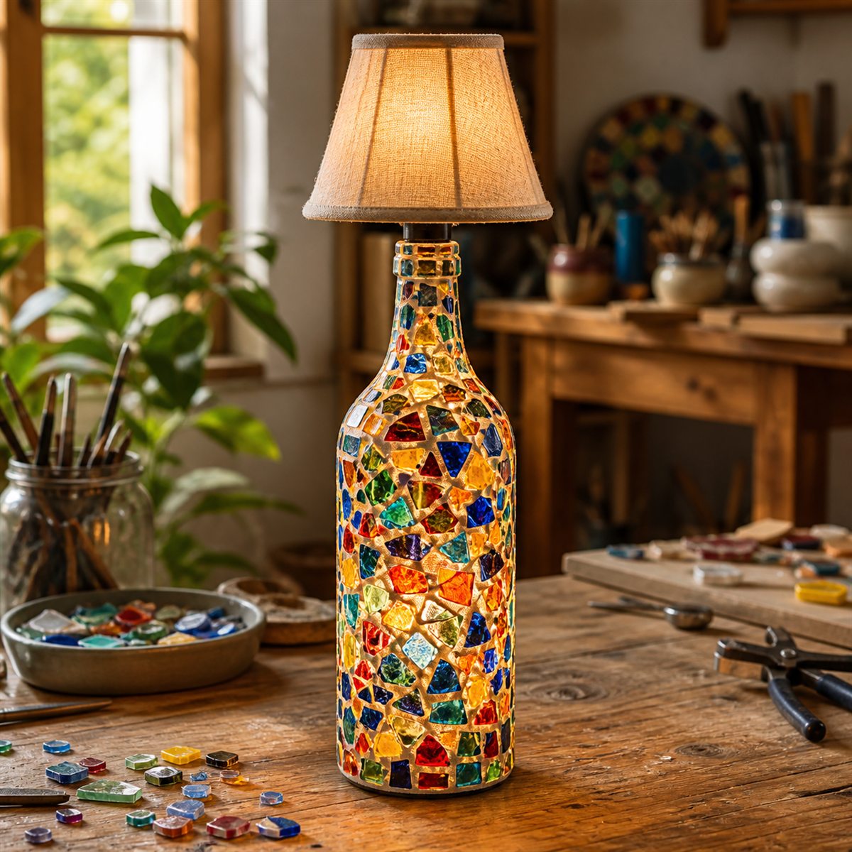 Mit Glasmosaik beklebte Flasche mit kleinem Lampenschirm in einem warmen Atelier